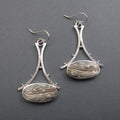 Crazy Lace Agate Earrings, Sterling Silver, Gray Tan Oval Cabochon, A-Frame Design, Statement Jewelry