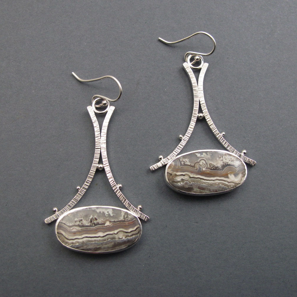 Crazy Lace Agate Earrings, Sterling Silver, Gray Tan Oval Cabochon, A-Frame Design, Statement Jewelry