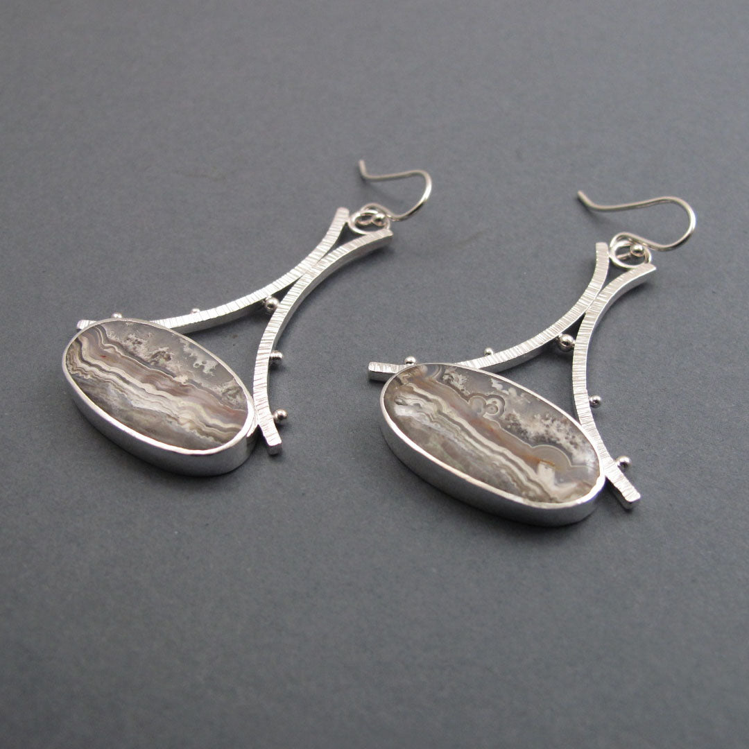 Crazy Lace Agate Earrings, Sterling Silver, Gray Tan Oval Cabochon, A-Frame Design, Statement Jewelry