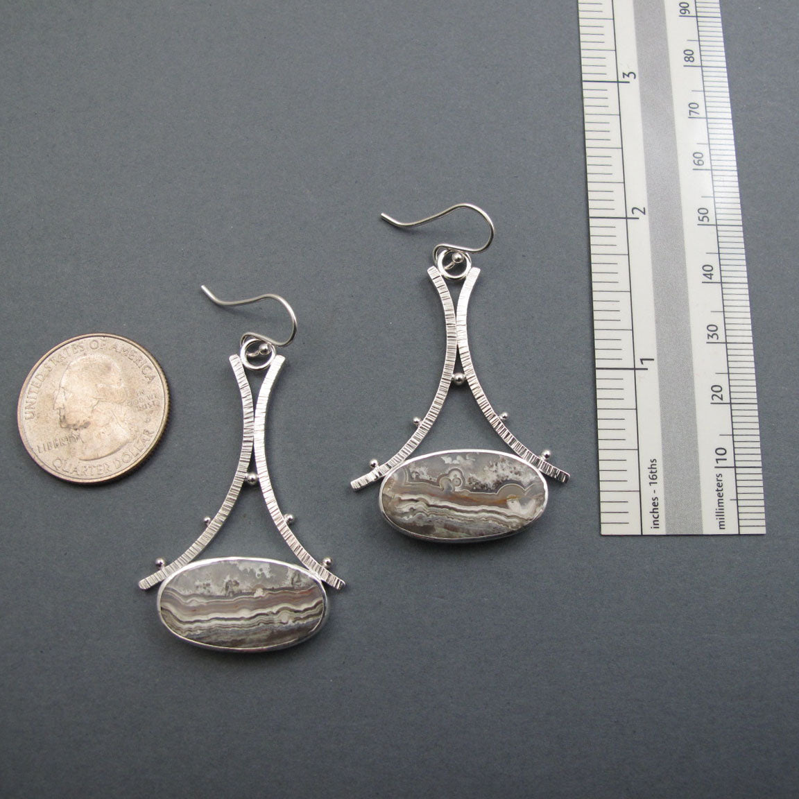 Crazy Lace Agate Earrings, Sterling Silver, Gray Tan Oval Cabochon, A-Frame Design, Statement Jewelry