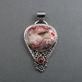 Crazy Lace Agate Red Garnet Pendant, Sterling Silver, Pink Agate Cabochon, Handmade Art Jewelry