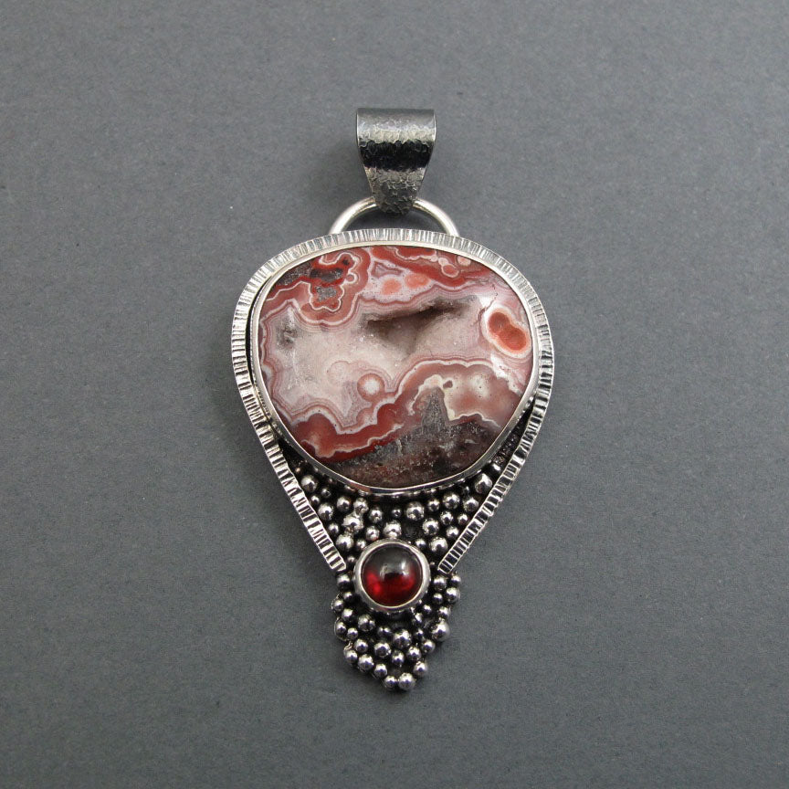 Crazy Lace Agate Red Garnet Pendant, Sterling Silver, Pink Agate Cabochon, Handmade Art Jewelry