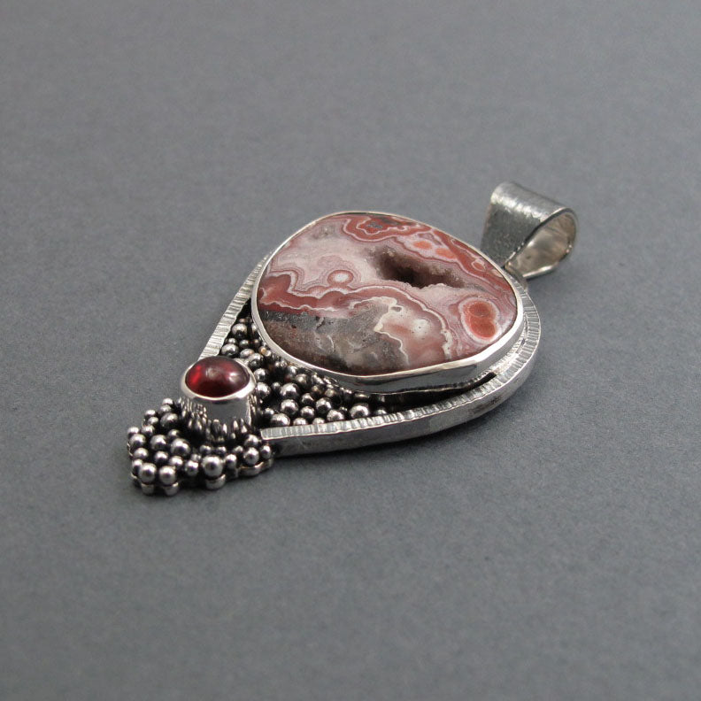 Crazy Lace Agate Red Garnet Pendant, Sterling Silver, Pink Agate Cabochon, Handmade Art Jewelry