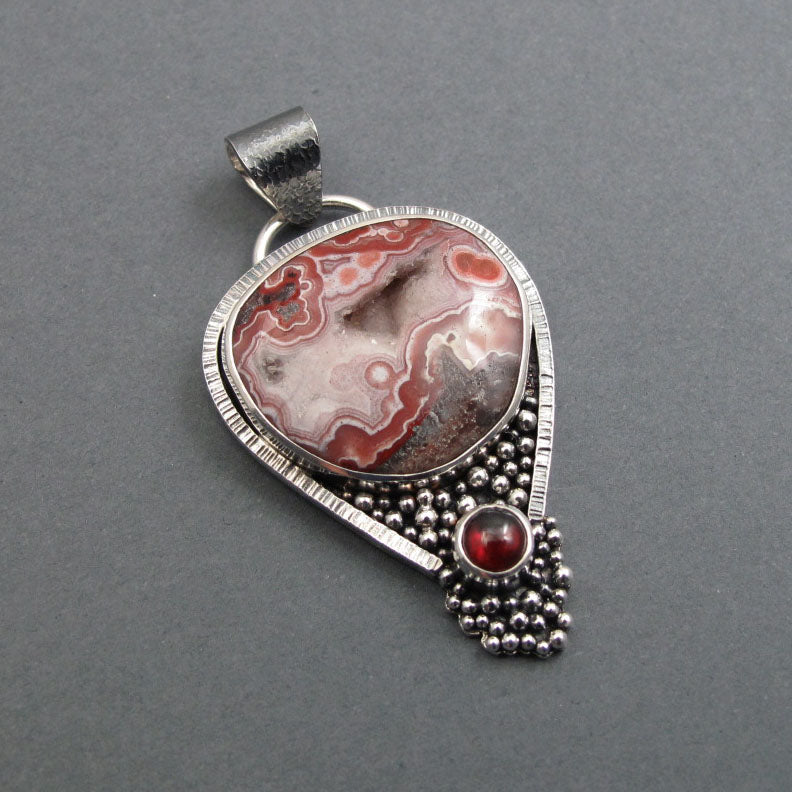 Crazy Lace Agate Red Garnet Pendant, Sterling Silver, Pink Agate Cabochon, Handmade Art Jewelry