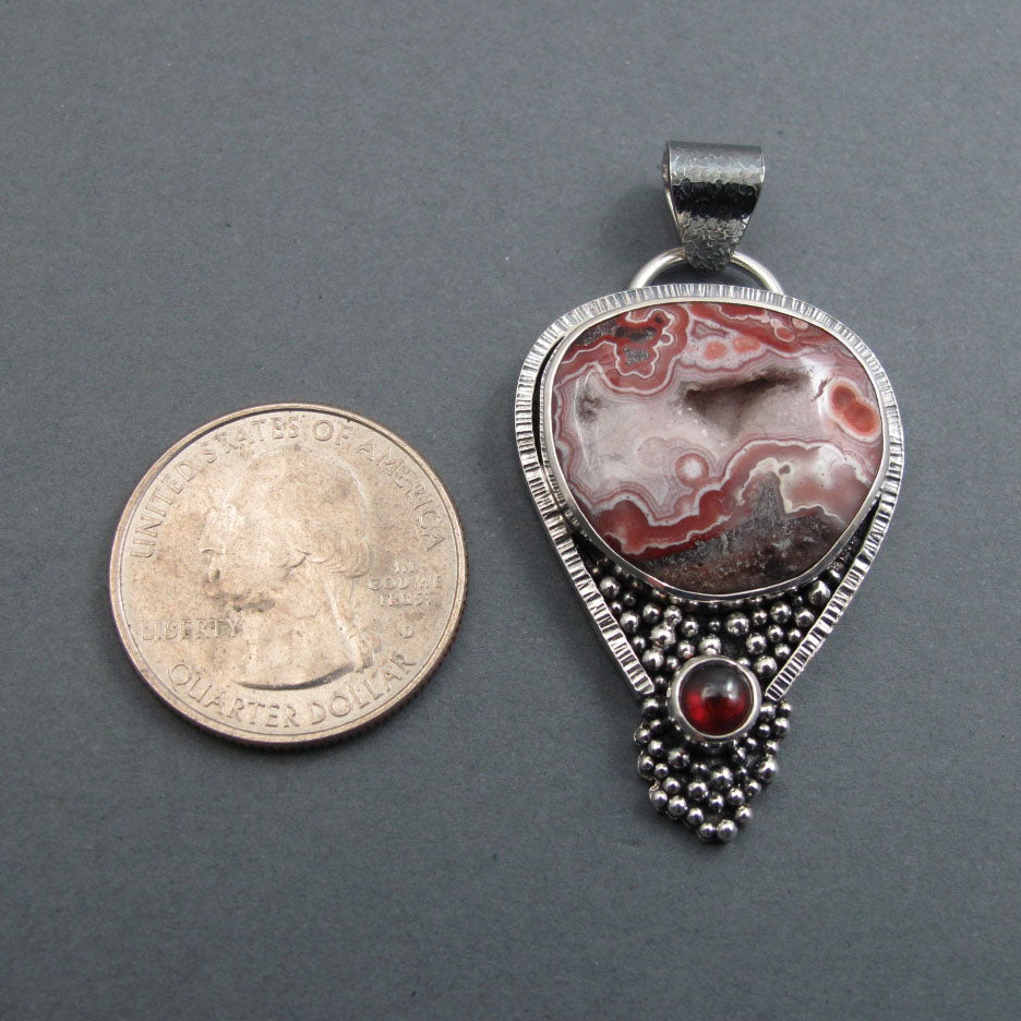 Crazy Lace Agate Red Garnet Pendant, Sterling Silver, Pink Agate Cabochon, Handmade Art Jewelry