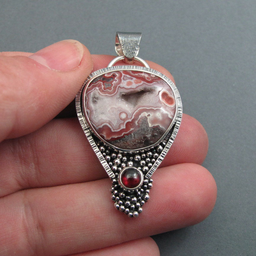 Crazy Lace Agate Red Garnet Pendant, Sterling Silver, Pink Agate Cabochon, Handmade Art Jewelry