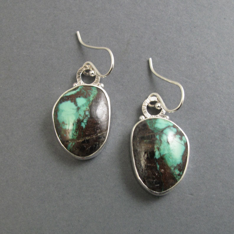 Green Turquoise Sterling Silver Dangle Earrings, Handmade Natural Gem Cabochon Drops, December Birthstone