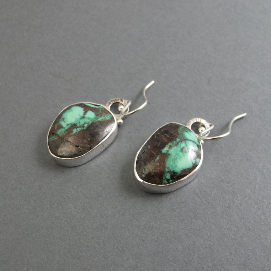 Green Turquoise Sterling Silver Dangle Earrings, Handmade Natural Gem Cabochon Drops, December Birthstone