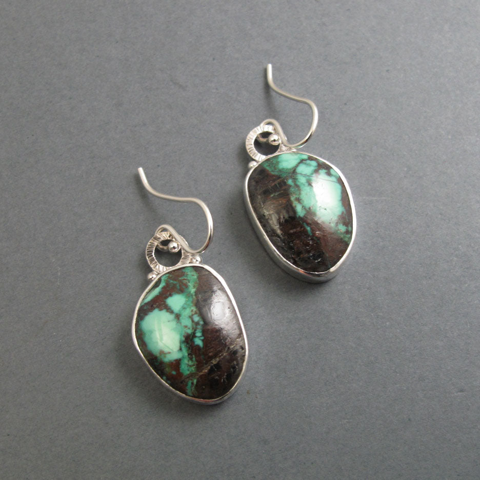 Green Turquoise Sterling Silver Dangle Earrings, Handmade Natural Gem Cabochon Drops, December Birthstone