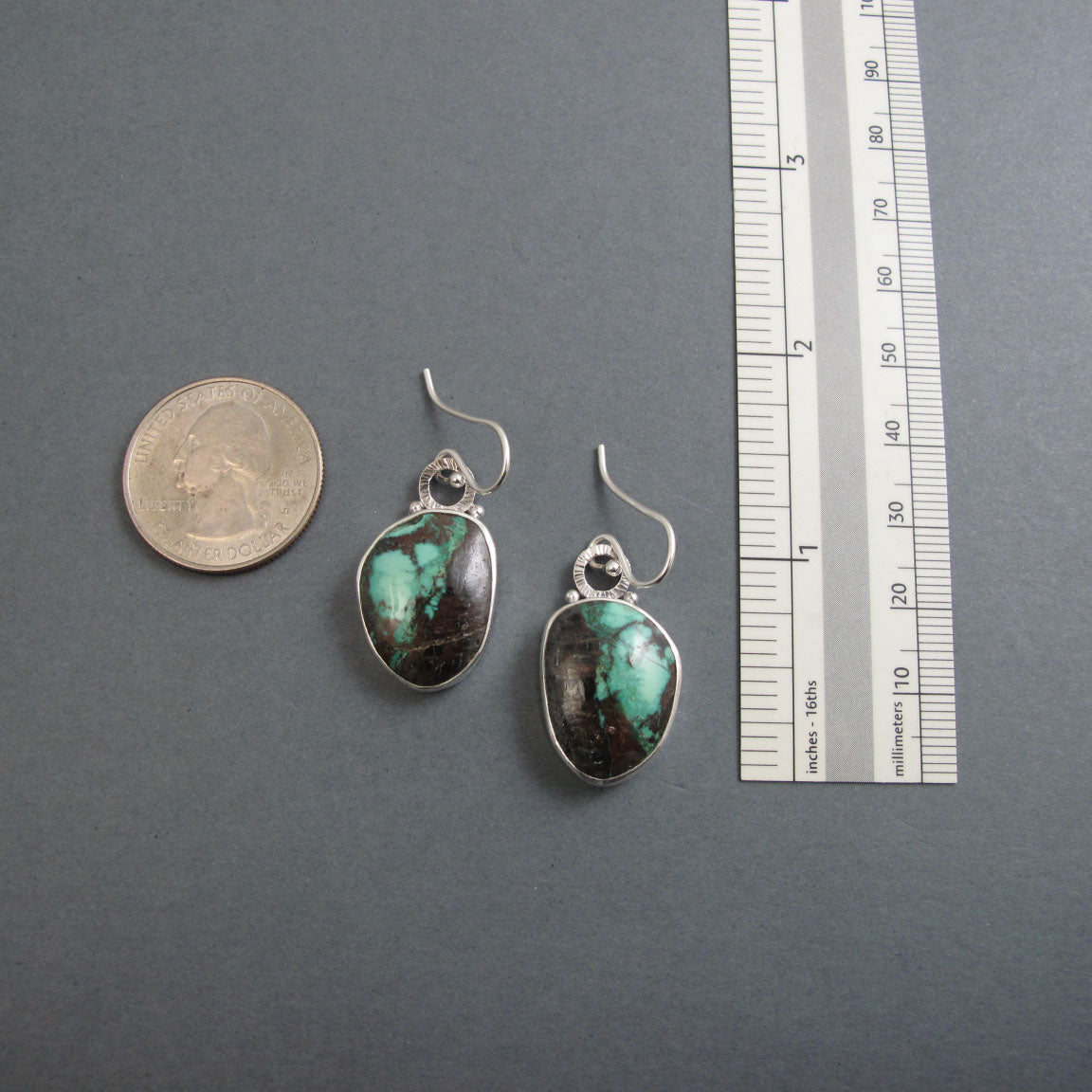 Green Turquoise Sterling Silver Dangle Earrings, Handmade Natural Gem Cabochon Drops, December Birthstone