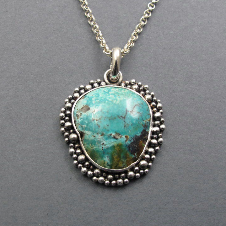 Blue Boulder Turquoise, Hubei Turquoise Necklace, Southwestern Style Pendant, Frilly Edge Pendant, Bohemian Necklace, Turquoise Lover