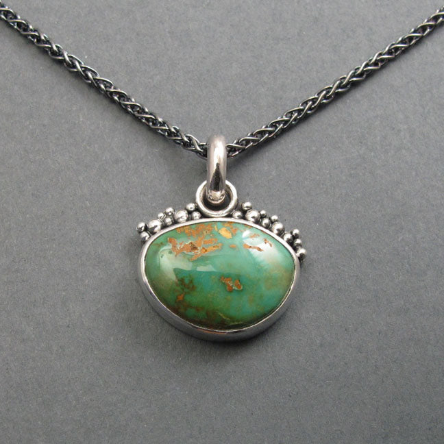 Royston Turquoise Pendant, Sterling Silver, Green Turquoise Cabochon, Nevada Mine Layering Necklace