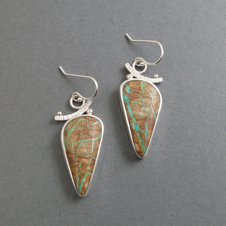 Boulder Turquoise, Royston Ribbon Turquoise, Teardrop Cabochon, Dangle Earrings, Handmade Sterling Silver Jewelry