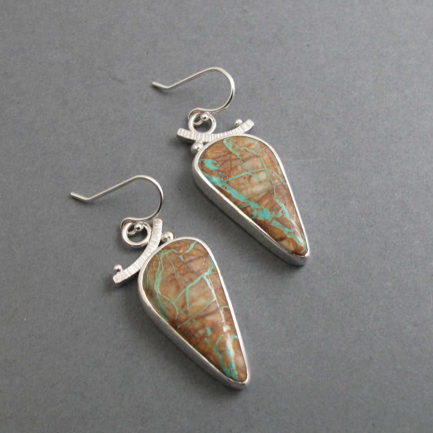 Boulder Turquoise, Royston Ribbon Turquoise, Teardrop Cabochon, Dangle Earrings, Handmade Sterling Silver Jewelry