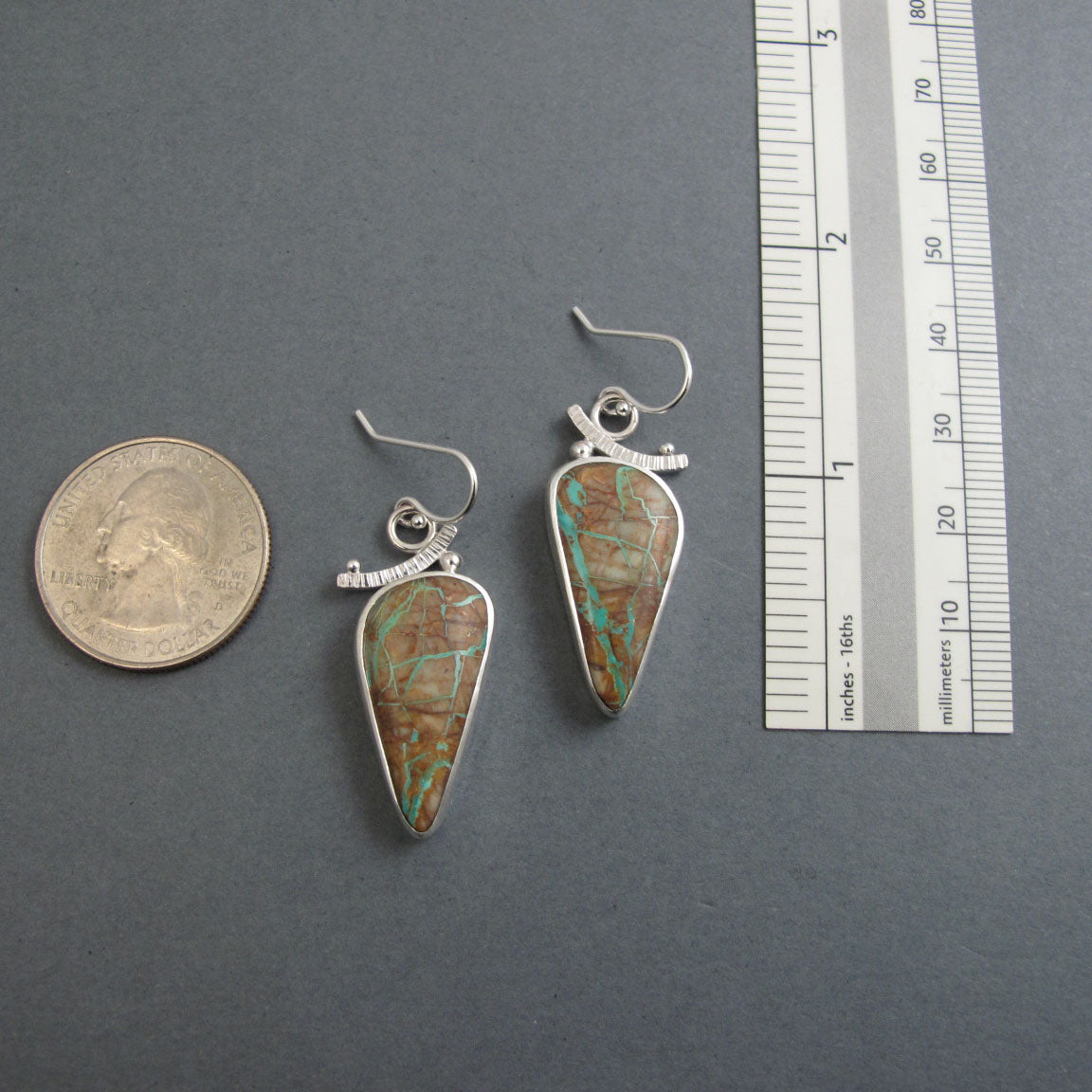 Boulder Turquoise, Royston Ribbon Turquoise, Teardrop Cabochon, Dangle Earrings, Handmade Sterling Silver Jewelry