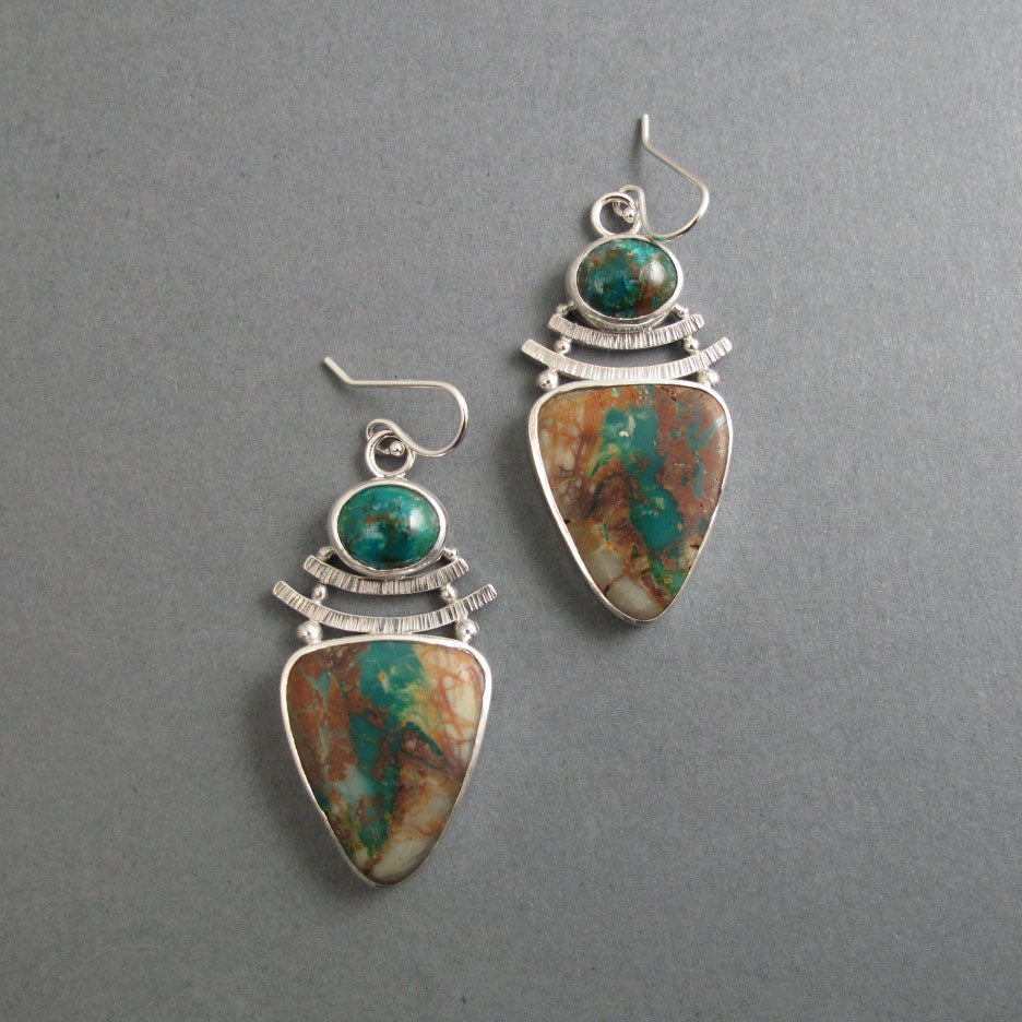 Green Turquoise Sterling Silver Dangle Earrings, Handmade Natural Gem Cabochon Drops, December Birthstone