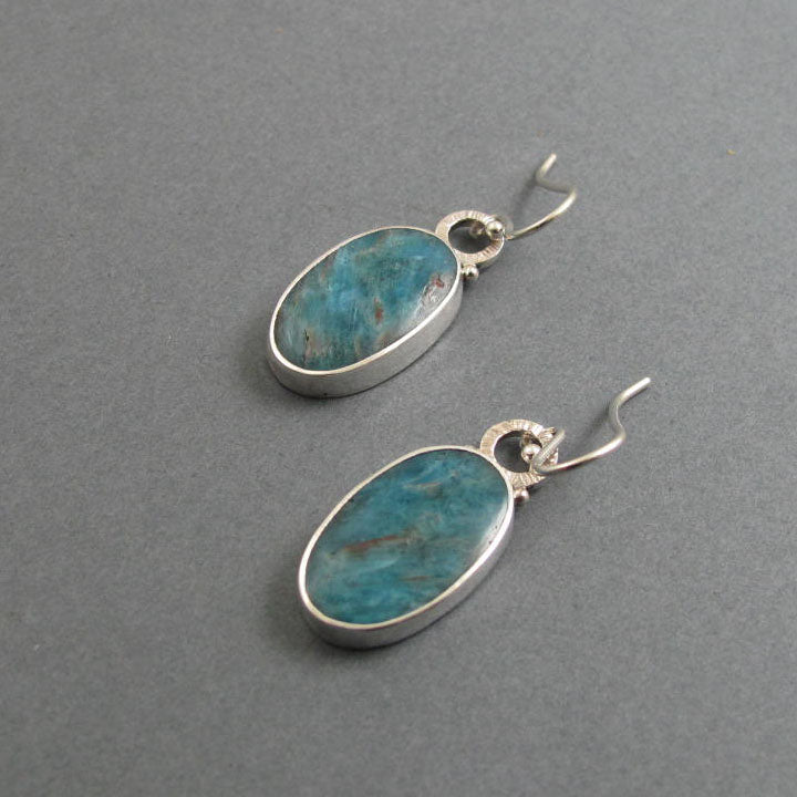 Apatite Dangle Earrings, Sterling Silver, Teal Blue Oval Cabochon, Natural Gemstone, Handmade Statement Jewelry