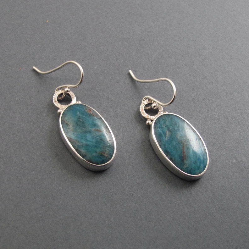 Apatite Dangle Earrings, Sterling Silver, Teal Blue Oval Cabochon, Natural Gemstone, Handmade Statement Jewelry