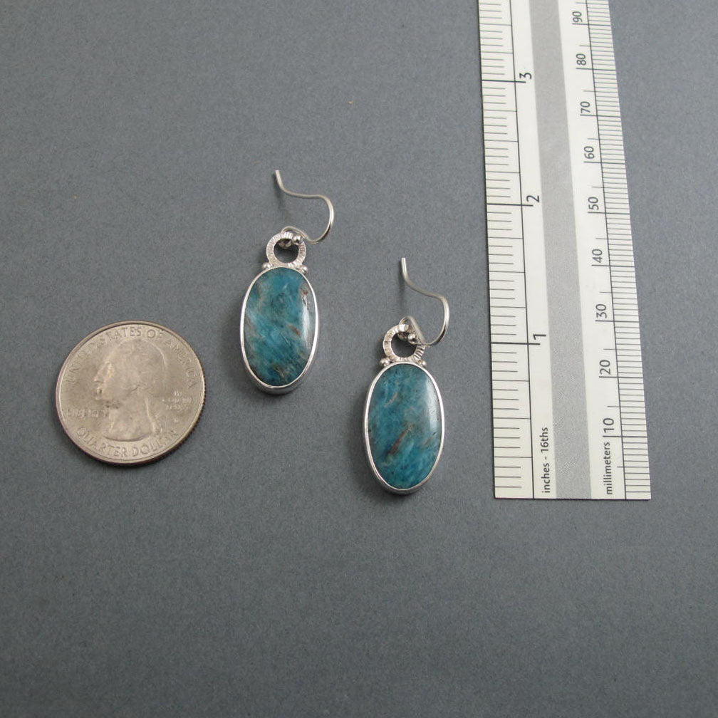 Apatite Dangle Earrings, Sterling Silver, Teal Blue Oval Cabochon, Natural Gemstone, Handmade Statement Jewelry