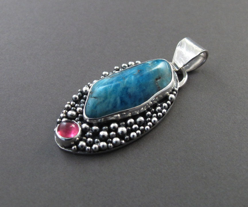 Apatite Tourmaline Necklace, Pink Tourmaline Pendant Silver, Boho Apatite Cabochon Necklace, Modernist Silver Gem Necklace