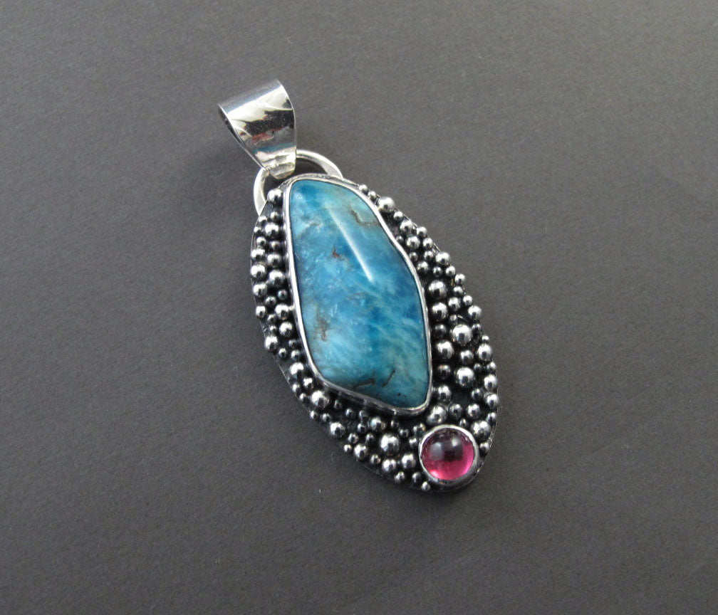 Apatite Tourmaline Necklace, Pink Tourmaline Pendant Silver, Boho Apatite Cabochon Necklace, Modernist Silver Gem Necklace