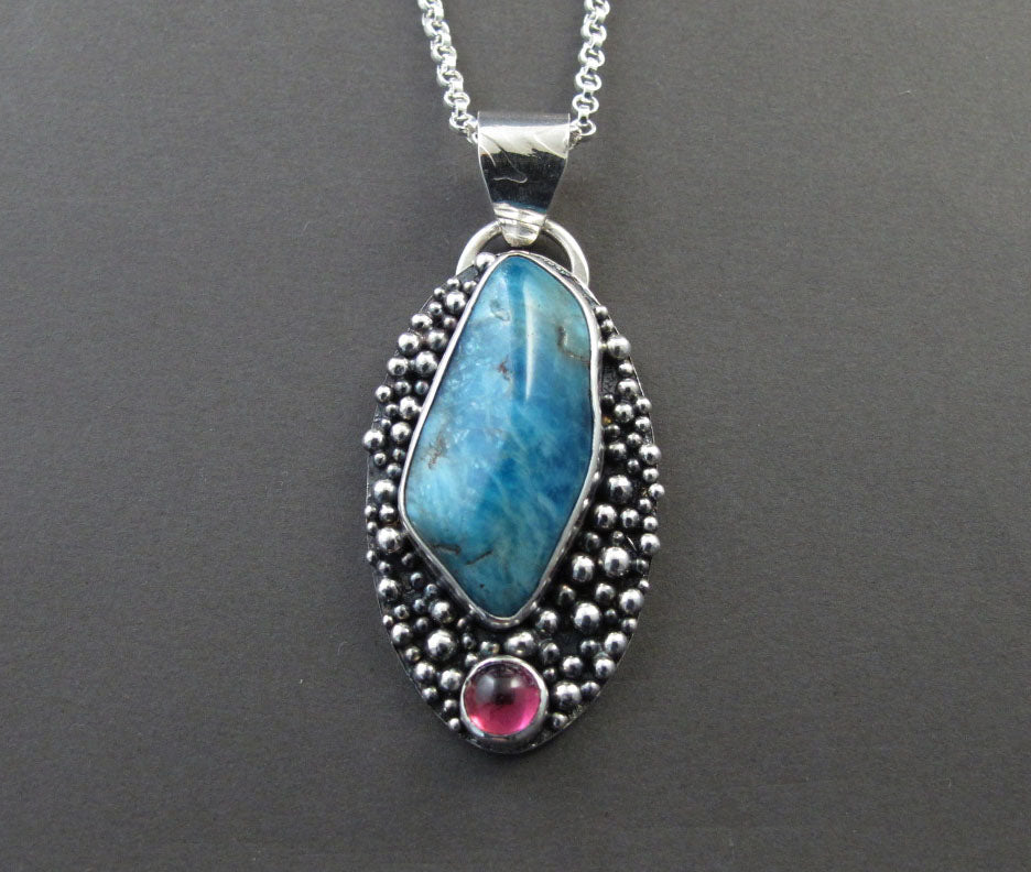Apatite Tourmaline Necklace, Pink Tourmaline Pendant Silver, Boho Apatite Cabochon Necklace, Modernist Silver Gem Necklace