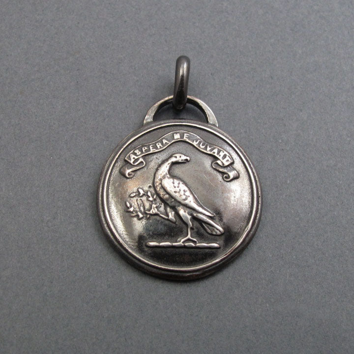 Victorian Button Eagle Pendant, Risks Delight Me Motto, Antique Heraldic Jewelry, Sterling Silver Necklace
