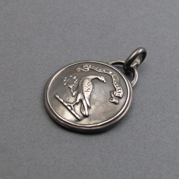 Victorian Button Eagle Pendant, Risks Delight Me Motto, Antique Heraldic Jewelry, Sterling Silver Necklace