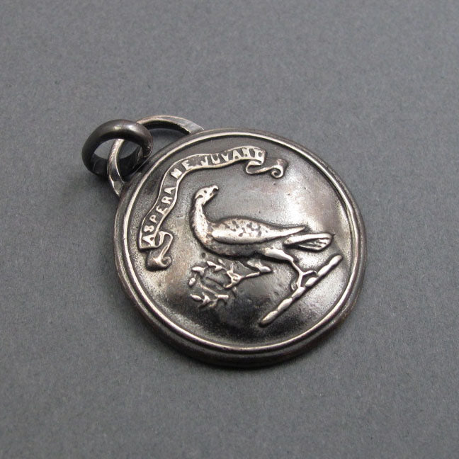 Victorian Button Eagle Pendant, Risks Delight Me Motto, Antique Heraldic Jewelry, Sterling Silver Necklace