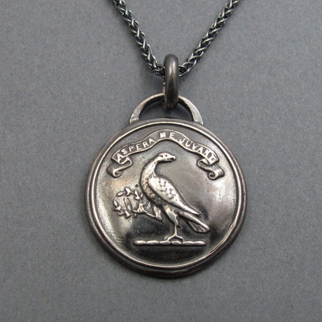 Victorian Button Eagle Pendant, Risks Delight Me Motto, Antique Heraldic Jewelry, Sterling Silver Necklace