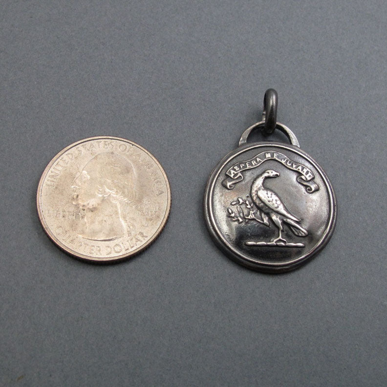Victorian Button Eagle Pendant, Risks Delight Me Motto, Antique Heraldic Jewelry, Sterling Silver Necklace