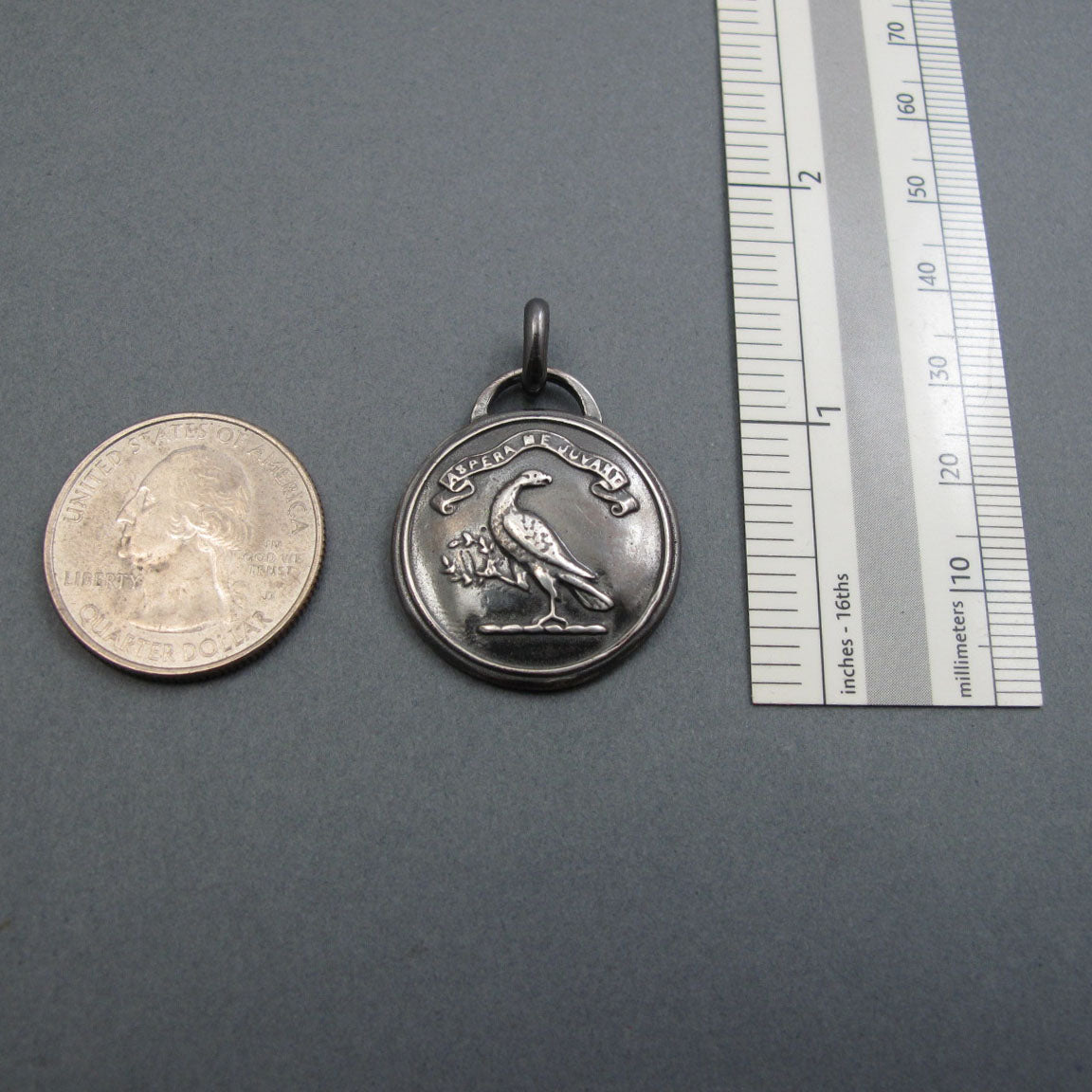 Victorian Button Eagle Pendant, Risks Delight Me Motto, Antique Heraldic Jewelry, Sterling Silver Necklace