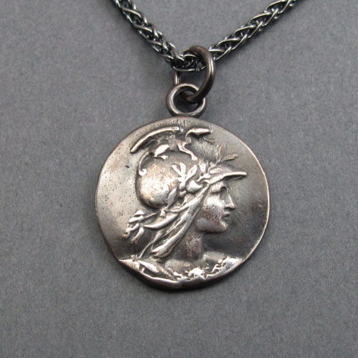 Greek Goddess Athena, Dark Academia Pendant, Antique Button, Sterling Silver Amulet Jewelry, Mythology Talisman
