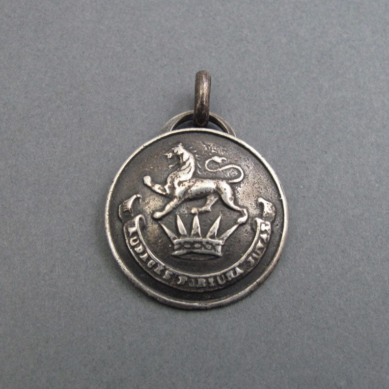 Fortune Favors the Bold, Sterling Silver Motto Pendant, Lion and Crown, Heraldic Livery Button Necklace
