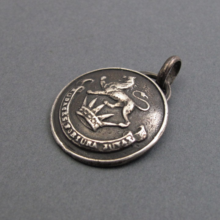 Fortune Favors the Bold, Sterling Silver Motto Pendant, Lion and Crown, Heraldic Livery Button Necklace