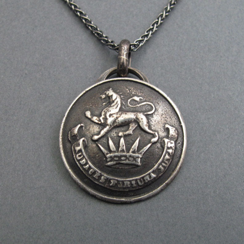 Fortune Favors the Bold, Sterling Silver Motto Pendant, Lion and Crown, Heraldic Livery Button Necklace