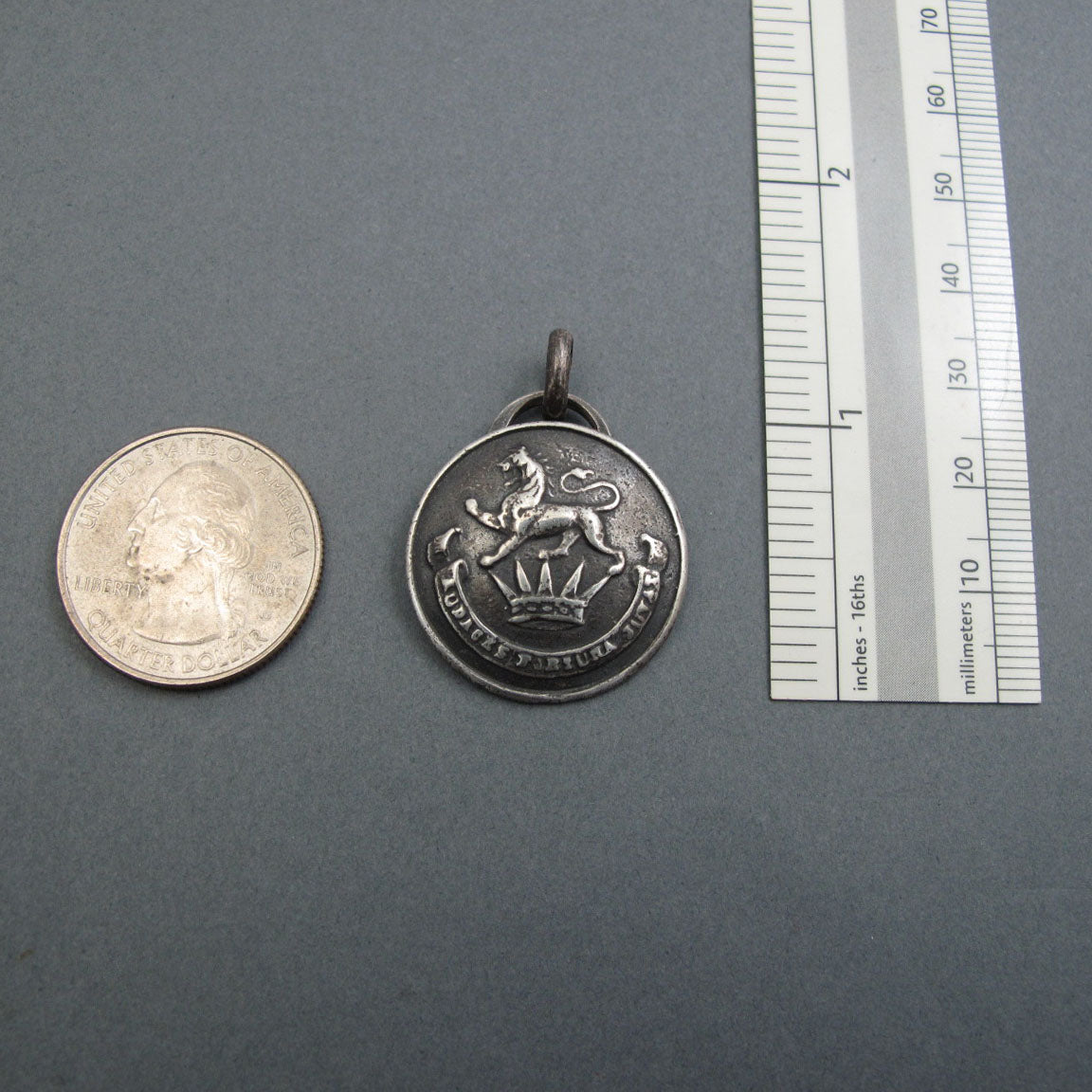 Fortune Favors the Bold, Sterling Silver Motto Pendant, Lion and Crown, Heraldic Livery Button Necklace