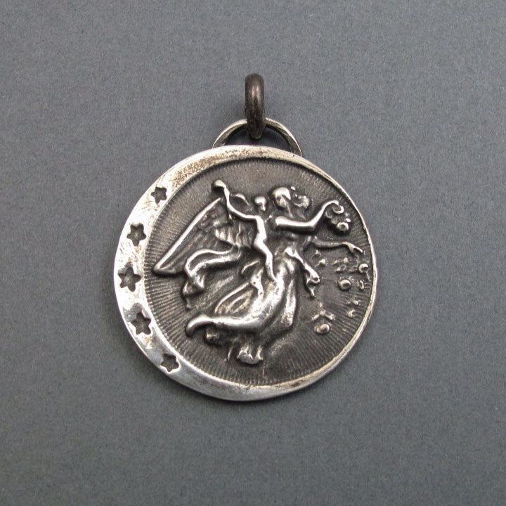 Antique Button Greek Mythology Pendant, Celestial Talisman, Aurora Dawn Goddess, Motivational Sterling Silver Necklace