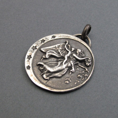 Antique Button Greek Mythology Pendant, Celestial Talisman, Aurora Dawn Goddess, Motivational Sterling Silver Necklace