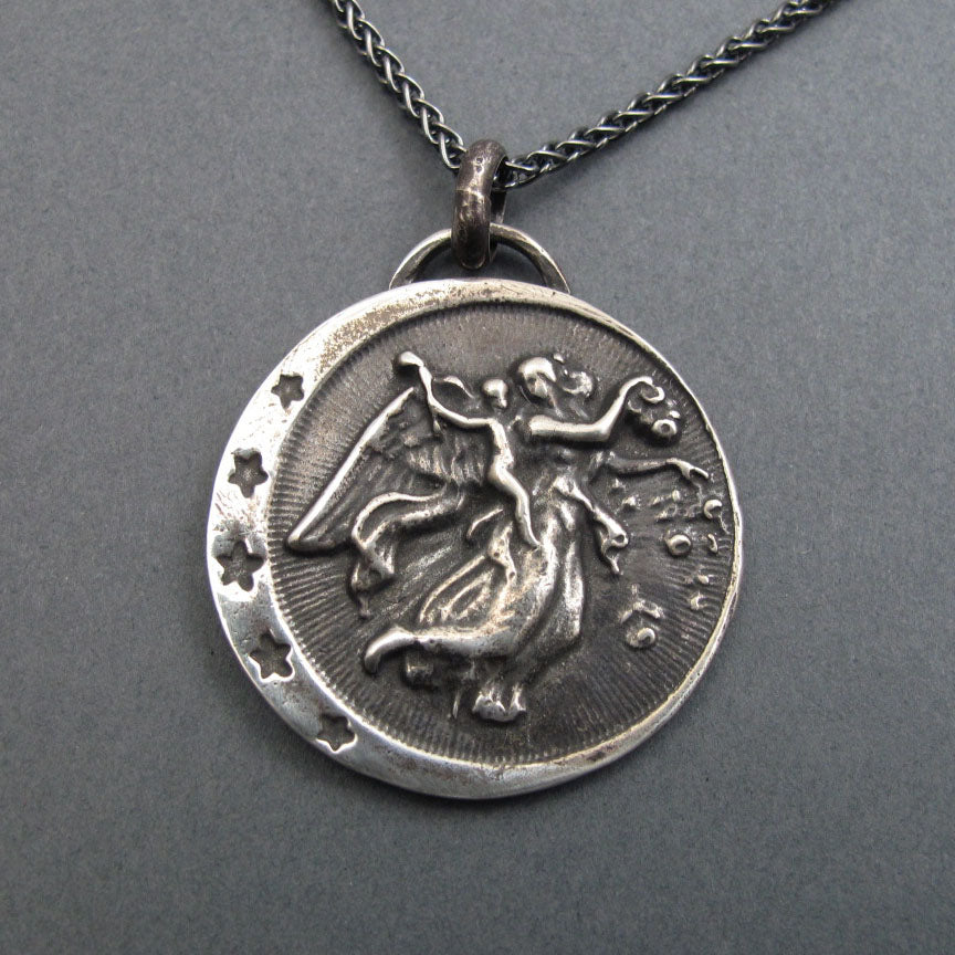 Antique Button Greek Mythology Pendant, Celestial Talisman, Aurora Dawn Goddess, Motivational Sterling Silver Necklace
