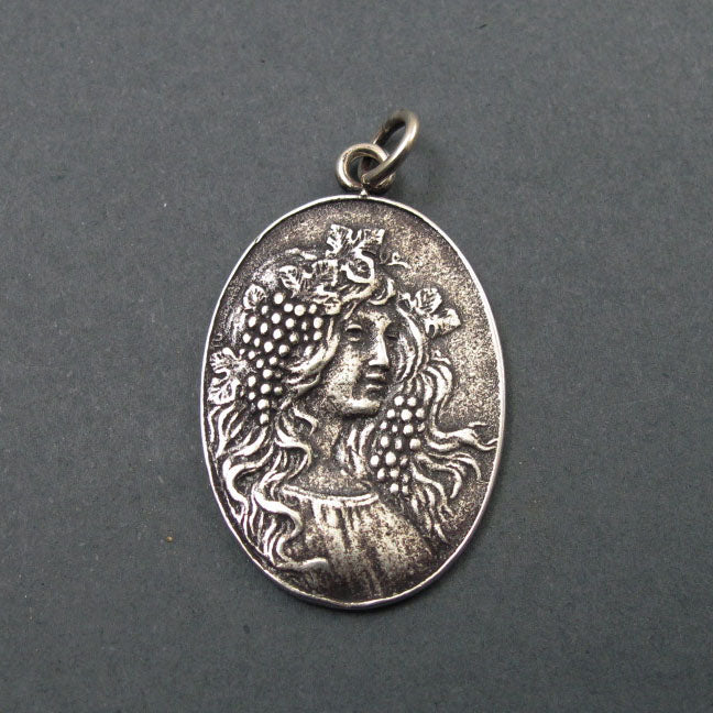 Autumn Pendant, Sterling Silver, French Art Nouveau Button, Female Figure Amulet, Four Seasons Necklace