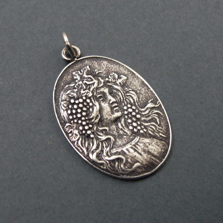 Autumn Pendant, Sterling Silver, French Art Nouveau Button, Female Figure Amulet, Four Seasons Necklace