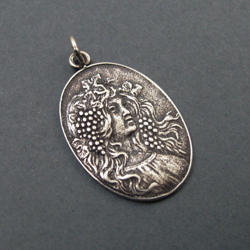 Autumn Pendant, Sterling Silver, French Art Nouveau Button, Female Figure Amulet, Four Seasons Necklace