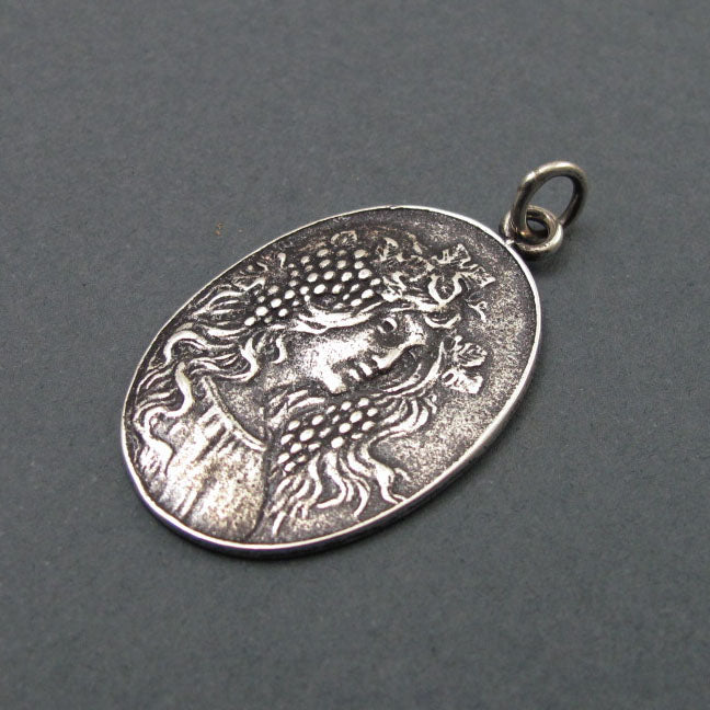 Autumn Pendant, Sterling Silver, French Art Nouveau Button, Female Figure Amulet, Four Seasons Necklace