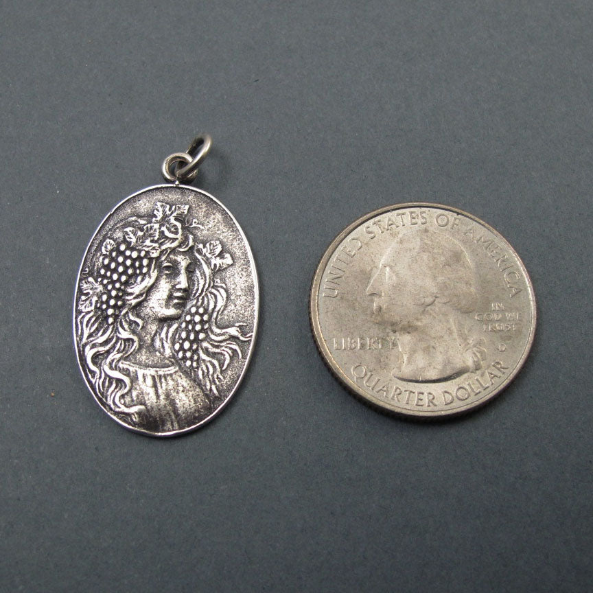 Autumn Pendant, Sterling Silver, French Art Nouveau Button, Female Figure Amulet, Four Seasons Necklace