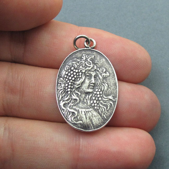 Autumn Pendant, Sterling Silver, French Art Nouveau Button, Female Figure Amulet, Four Seasons Necklace