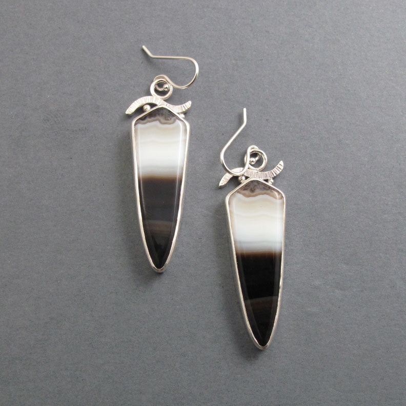 Banded Agate Dangle Earrings, Sterling Silver, Black White Stone, Handmade Statement Jewelry, Natural Gem