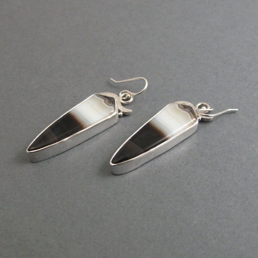 Banded Agate Dangle Earrings, Sterling Silver, Black White Stone, Handmade Statement Jewelry, Natural Gem