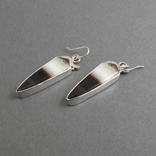 Banded Agate Dangle Earrings, Sterling Silver, Black White Stone, Handmade Statement Jewelry, Natural Gem