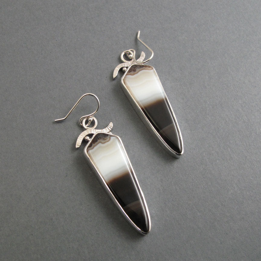 Banded Agate Dangle Earrings, Sterling Silver, Black White Stone, Handmade Statement Jewelry, Natural Gem